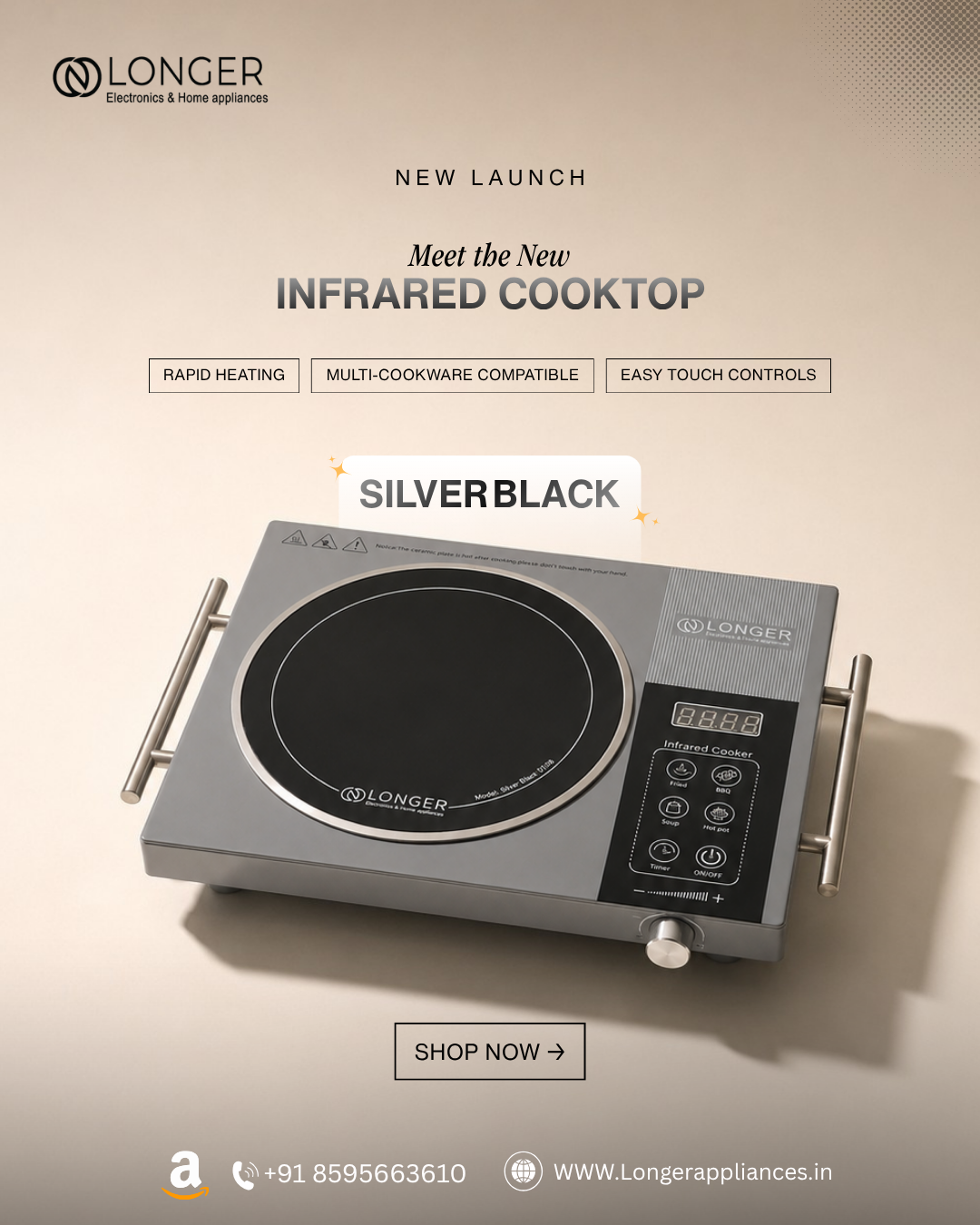 LONGER INFRARED COOKTOP SILVER BLACK 2500 WATTS