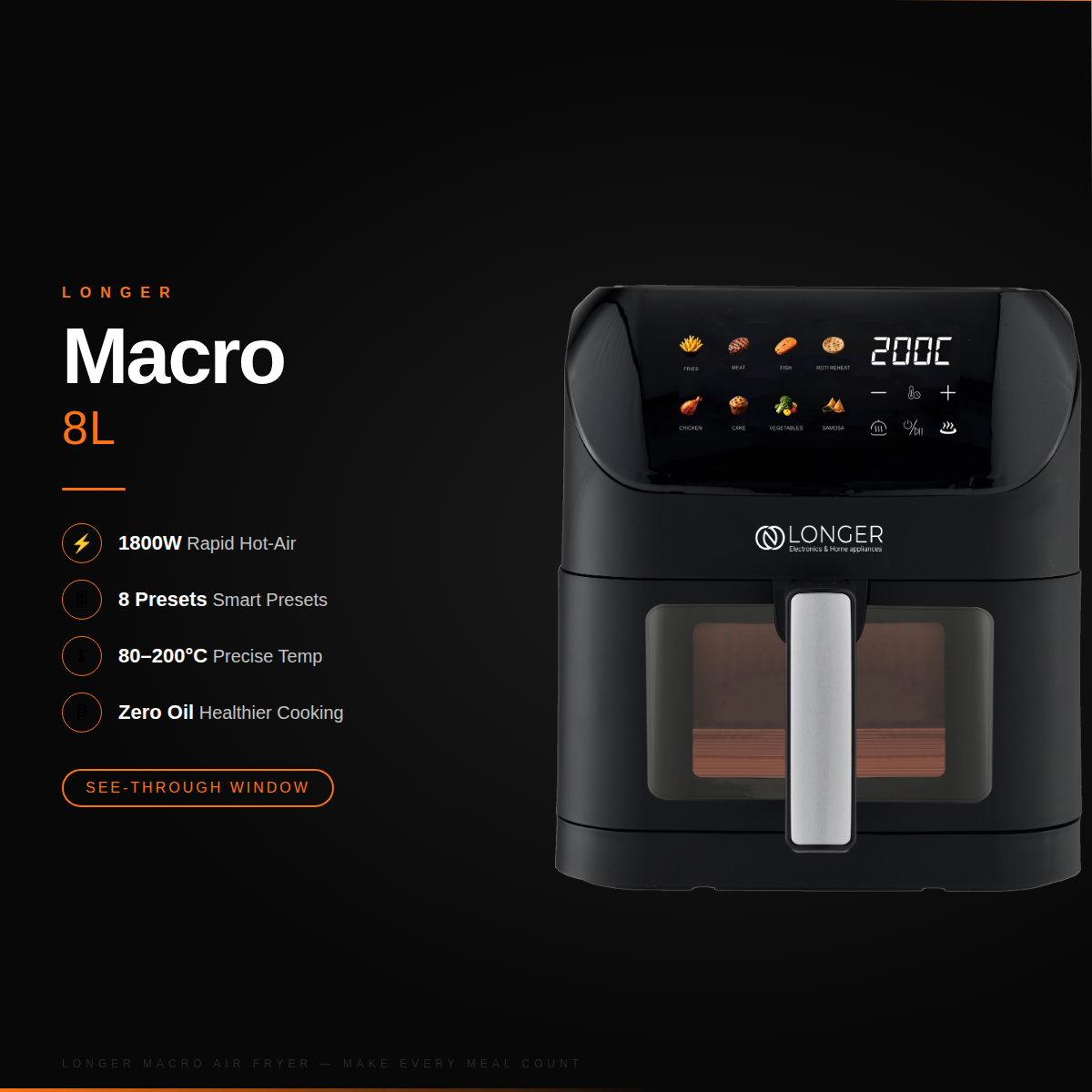 LONGER Macro Air Fryer 8L | 1800W Large Capacity Digital Air Fryer | 8 Preset Menus | 80–200°C | Fries, Chicken, Roti Reheat & More | Black
