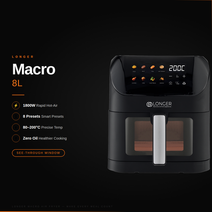 LONGER Macro Air Fryer 8L | 1800W Large Capacity Digital Air Fryer | 8 Preset Menus | 80–200°C | Fries, Chicken, Roti Reheat & More | Black