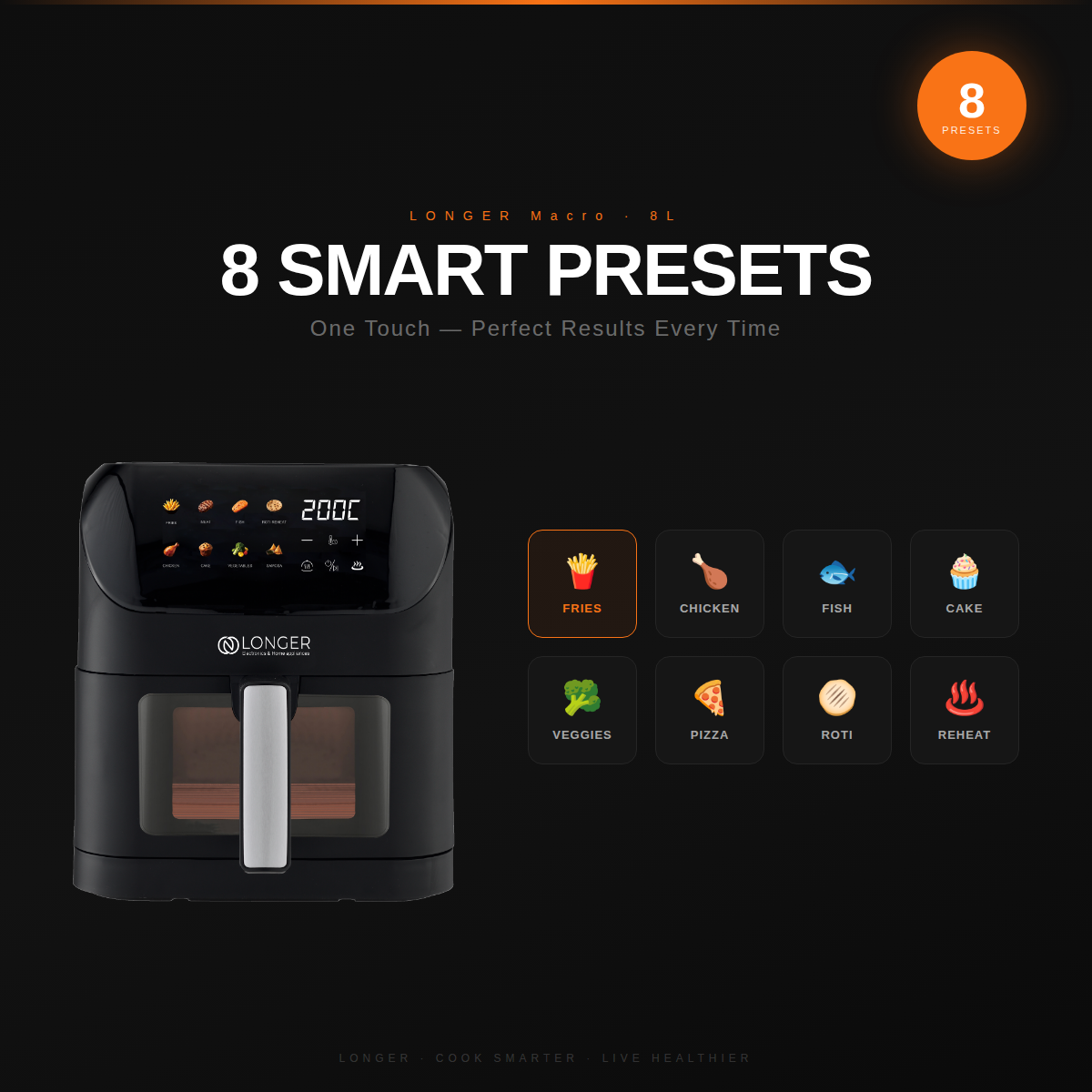 LONGER Macro Air Fryer 8L | 1800W Large Capacity Digital Air Fryer | 8 Preset Menus | 80–200°C | Fries, Chicken, Roti Reheat & More | Black
