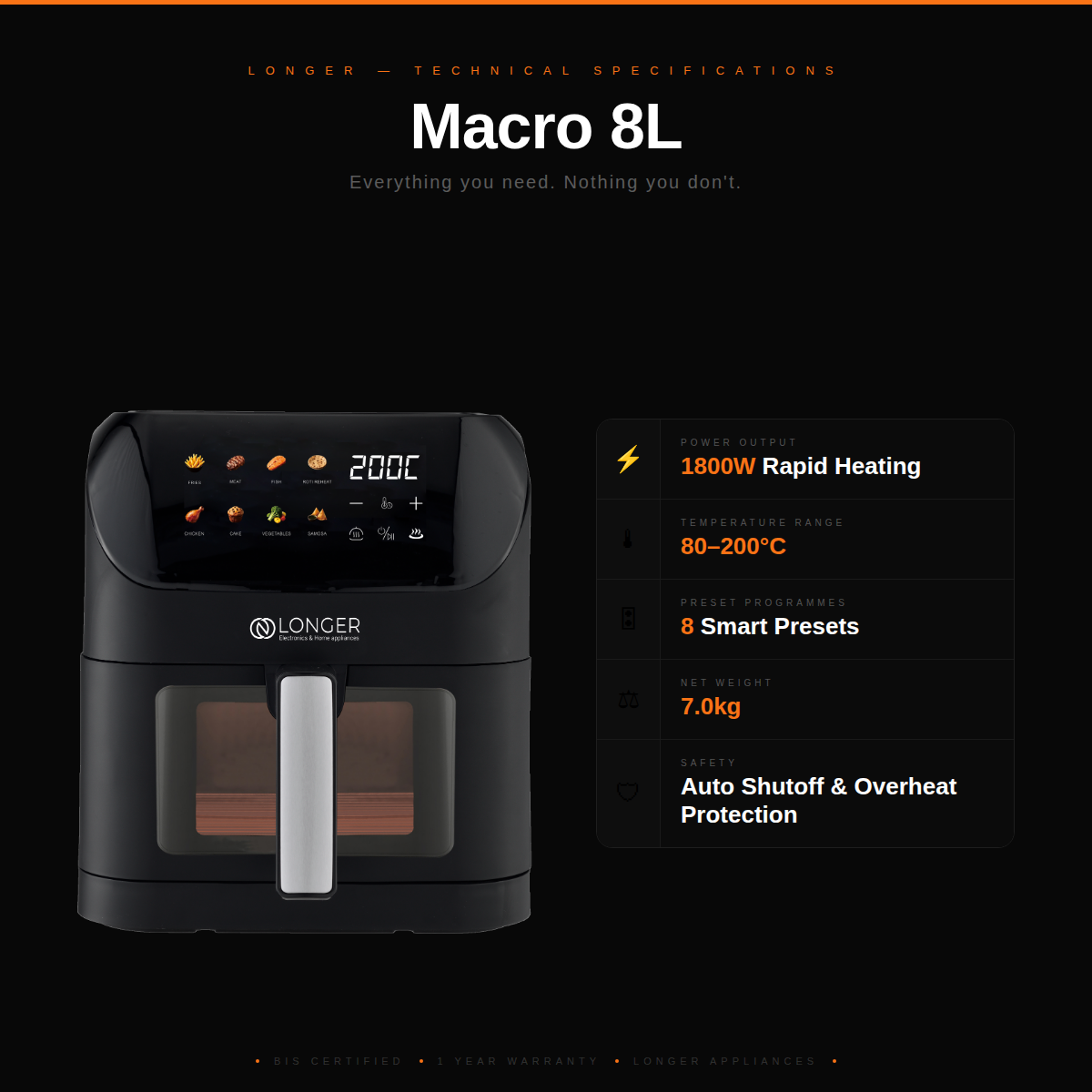 LONGER Macro Air Fryer 8L | 1800W Large Capacity Digital Air Fryer | 8 Preset Menus | 80–200°C | Fries, Chicken, Roti Reheat & More | Black