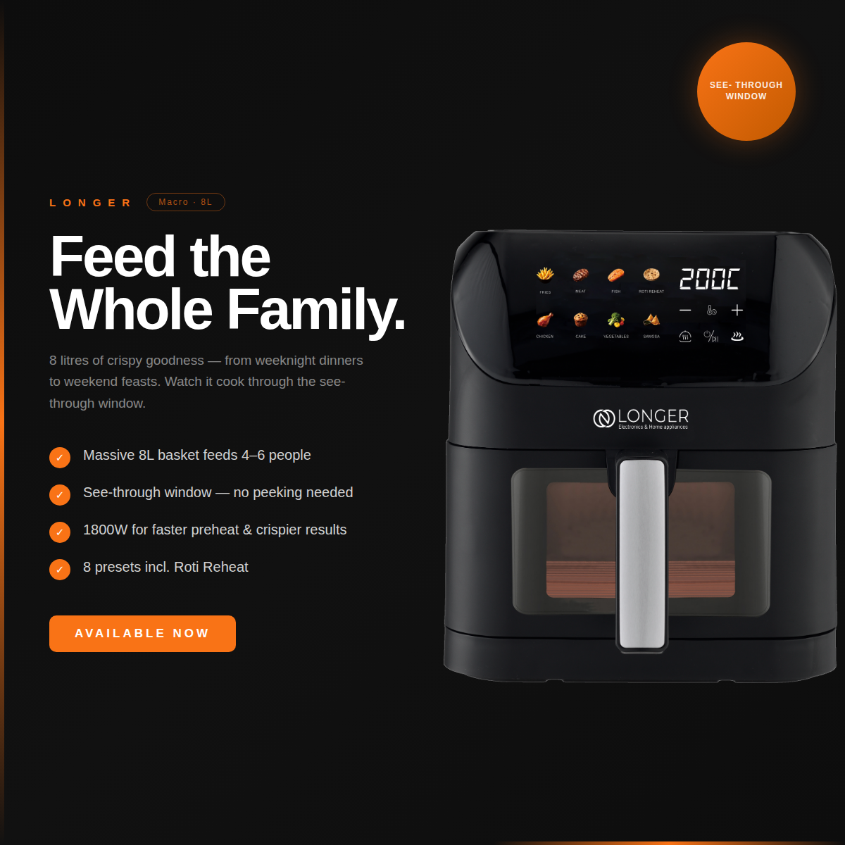LONGER Macro Air Fryer 8L | 1800W Large Capacity Digital Air Fryer | 8 Preset Menus | 80–200°C | Fries, Chicken, Roti Reheat & More | Black