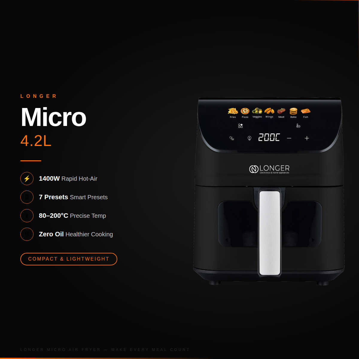 LONGER Micro Air Fryer 4.2L | 1400W Digital Air Fryer with 7 Preset Menus | 80–200°C | Fries, Chicken, Pizza & More | Black