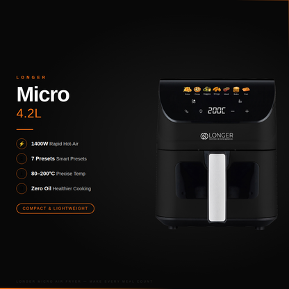 LONGER Micro Air Fryer 4.2L | 1400W Digital Air Fryer with 7 Preset Menus | 80–200°C | Fries, Chicken, Pizza & More | Black