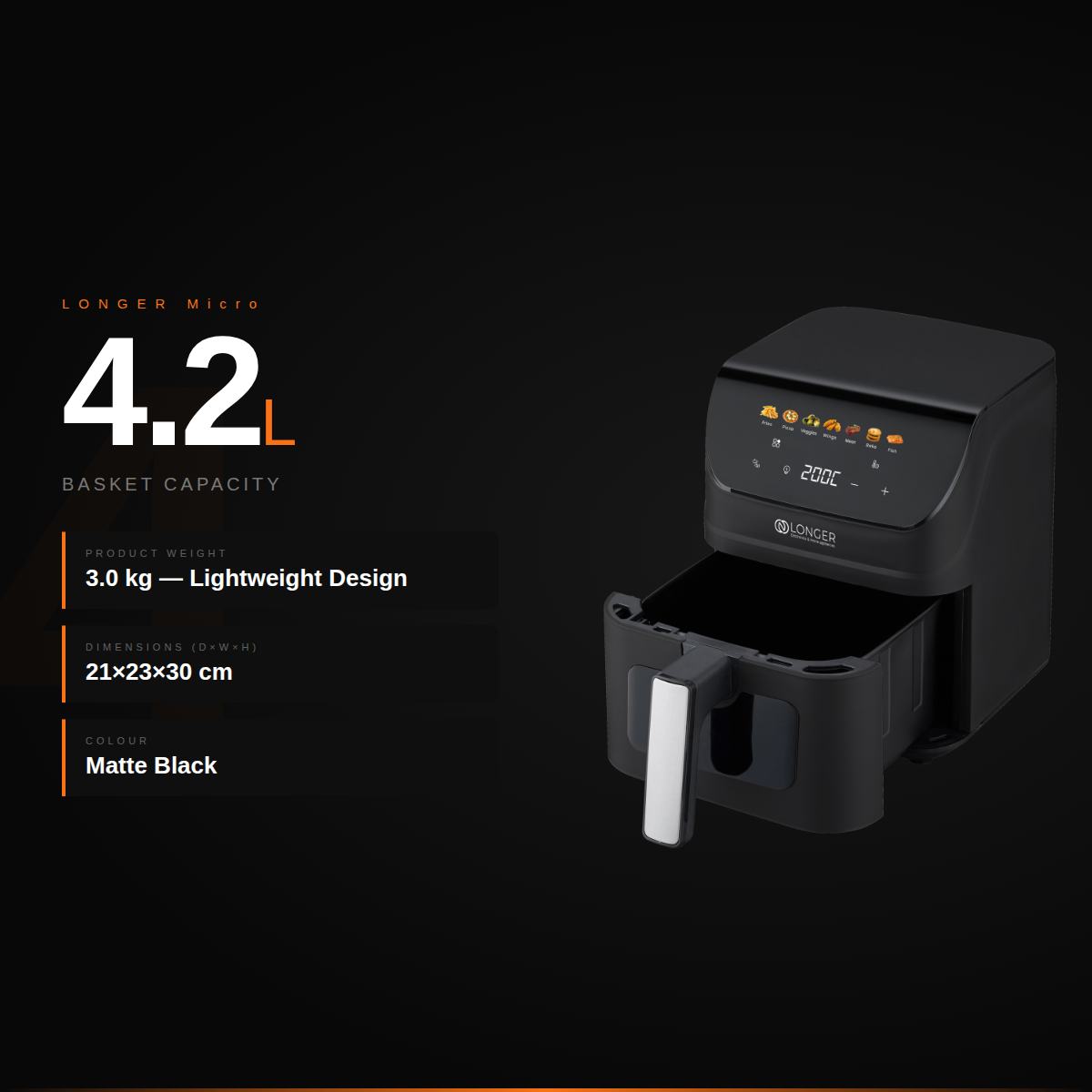 LONGER Micro Air Fryer 4.2L | 1400W Digital Air Fryer with 7 Preset Menus | 80–200°C | Fries, Chicken, Pizza & More | Black