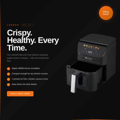 LONGER Micro Air Fryer 4.2L | 1400W Digital Air Fryer with 7 Preset Menus | 80–200°C | Fries, Chicken, Pizza & More | Black